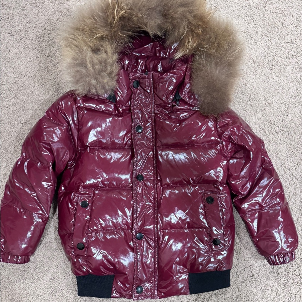 Shiny Burgundy Puffer Jacket with Fur Hood